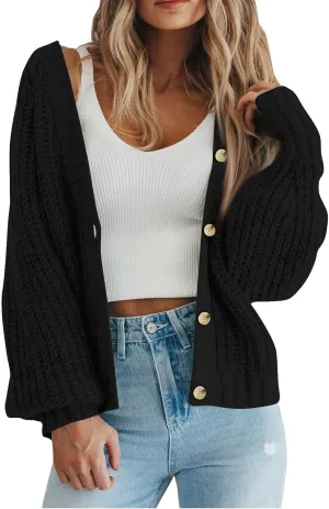 Women's Fall Long Sleeve Chunky Knit Sweater Open Front Cardigan Casual Button Sweater Lightweight Sweater Outerwear Fall Outfits Oversized Soft Sweater Cropped Cardigan for Women Knitted Pullover Top