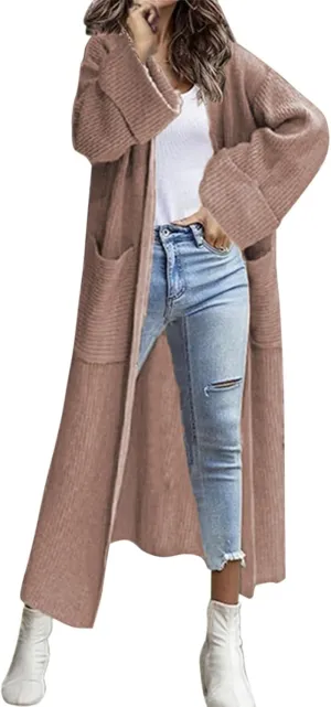Womens Fall Winter Cardigan Open Front Sweater Casual Long Sleeve Boho Crochet Knit Solid Front Maxi Long Knitted Coat