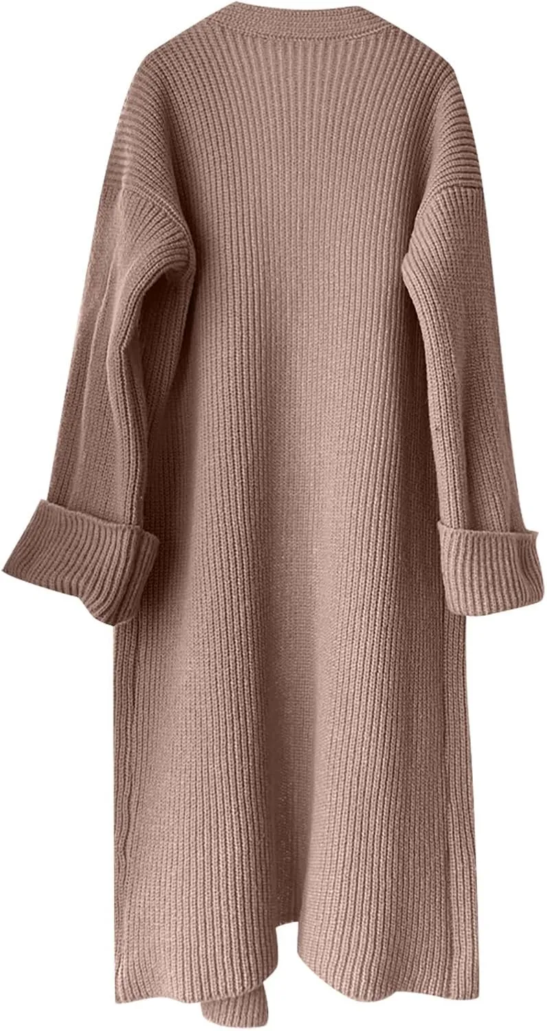 Womens Fall Winter Cardigan Open Front Sweater Casual Long Sleeve Boho Crochet Knit Solid Front Maxi Long Knitted Coat