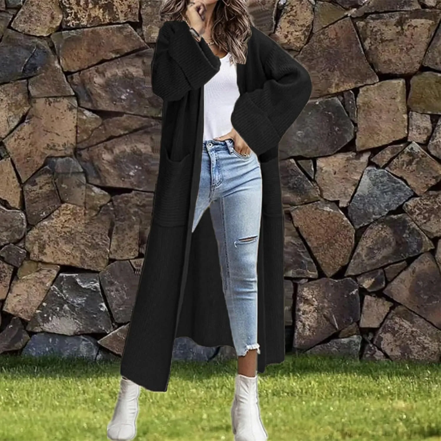 Womens Fall Winter Cardigan Open Front Sweater Casual Long Sleeve Boho Crochet Knit Solid Front Maxi Long Knitted Coat