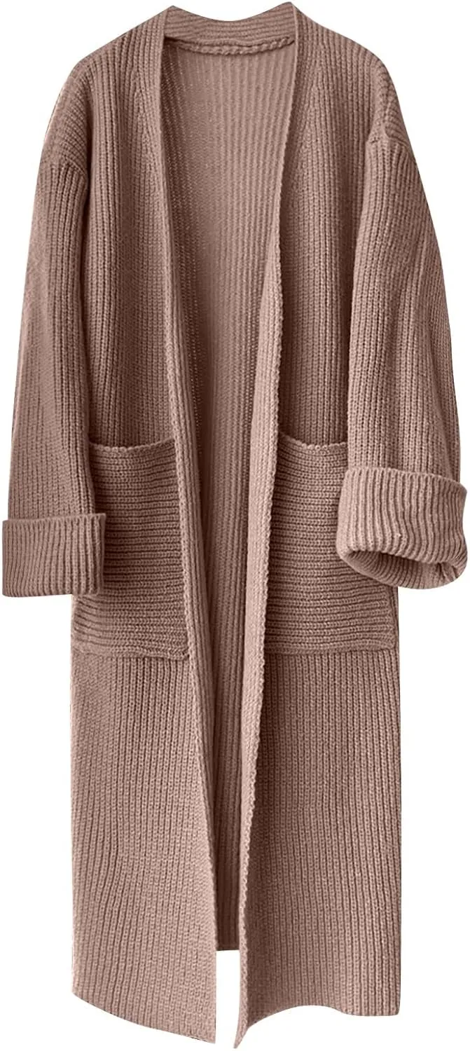 Womens Fall Winter Cardigan Open Front Sweater Casual Long Sleeve Boho Crochet Knit Solid Front Maxi Long Knitted Coat