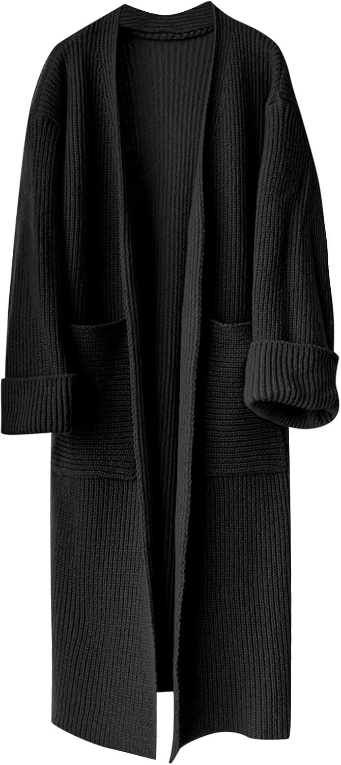 Womens Fall Winter Cardigan Open Front Sweater Casual Long Sleeve Boho Crochet Knit Solid Front Maxi Long Knitted Coat