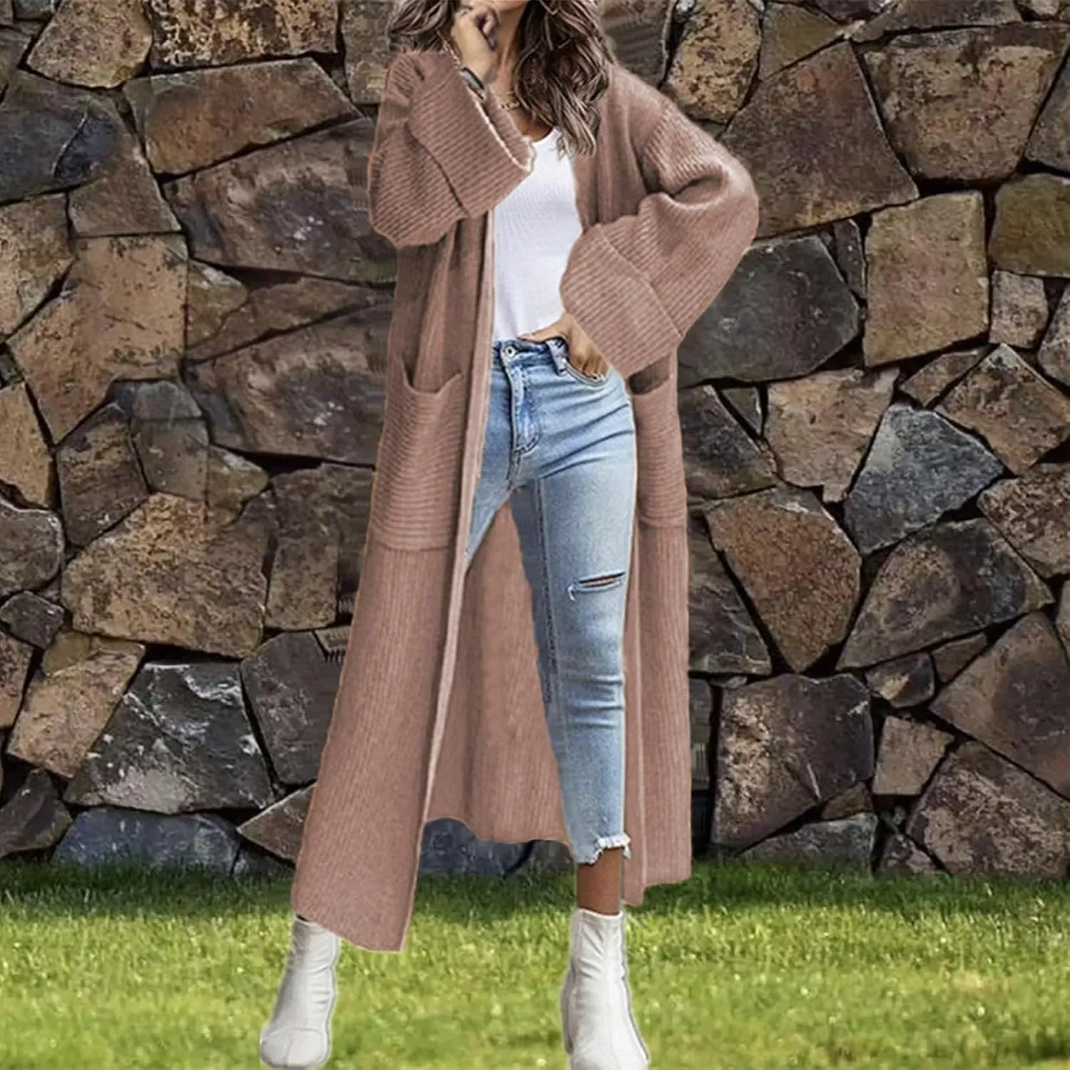Womens Fall Winter Cardigan Open Front Sweater Casual Long Sleeve Boho Crochet Knit Solid Front Maxi Long Knitted Coat