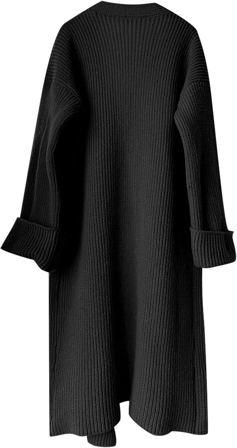 Womens Fall Winter Cardigan Open Front Sweater Casual Long Sleeve Boho Crochet Knit Solid Front Maxi Long Knitted Coat