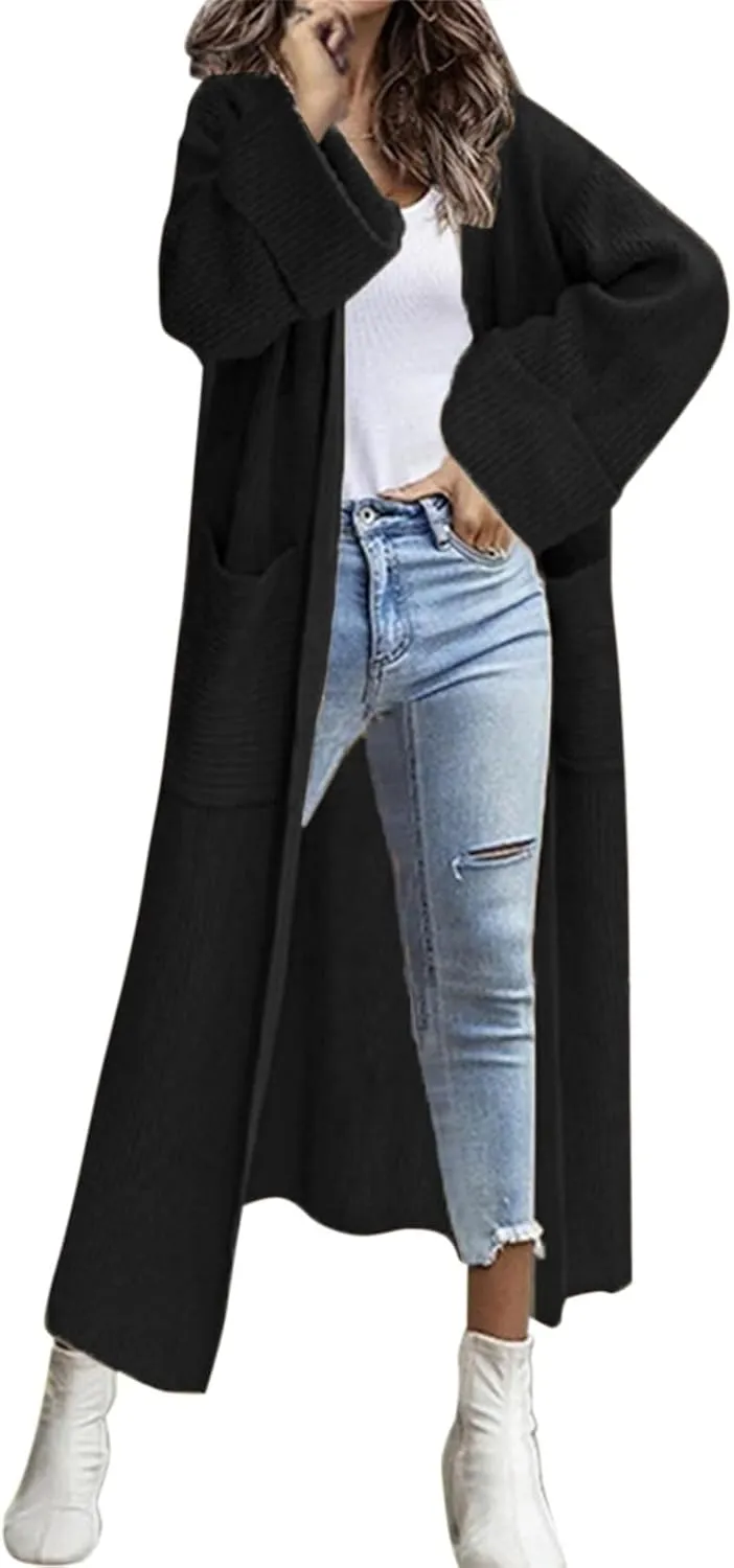 Womens Fall Winter Cardigan Open Front Sweater Casual Long Sleeve Boho Crochet Knit Solid Front Maxi Long Knitted Coat