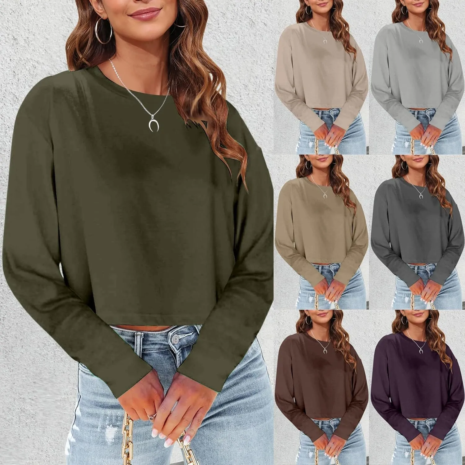 Womens Fashion Fall Long Sleeve Cropped T-Shirts Round Neck Drop Shoulder Crop Sweatshirts Solid Casual Crop Tops