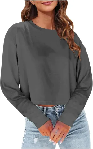 Womens Fashion Fall Long Sleeve Cropped T-Shirts Round Neck Drop Shoulder Crop Sweatshirts Solid Casual Crop Tops