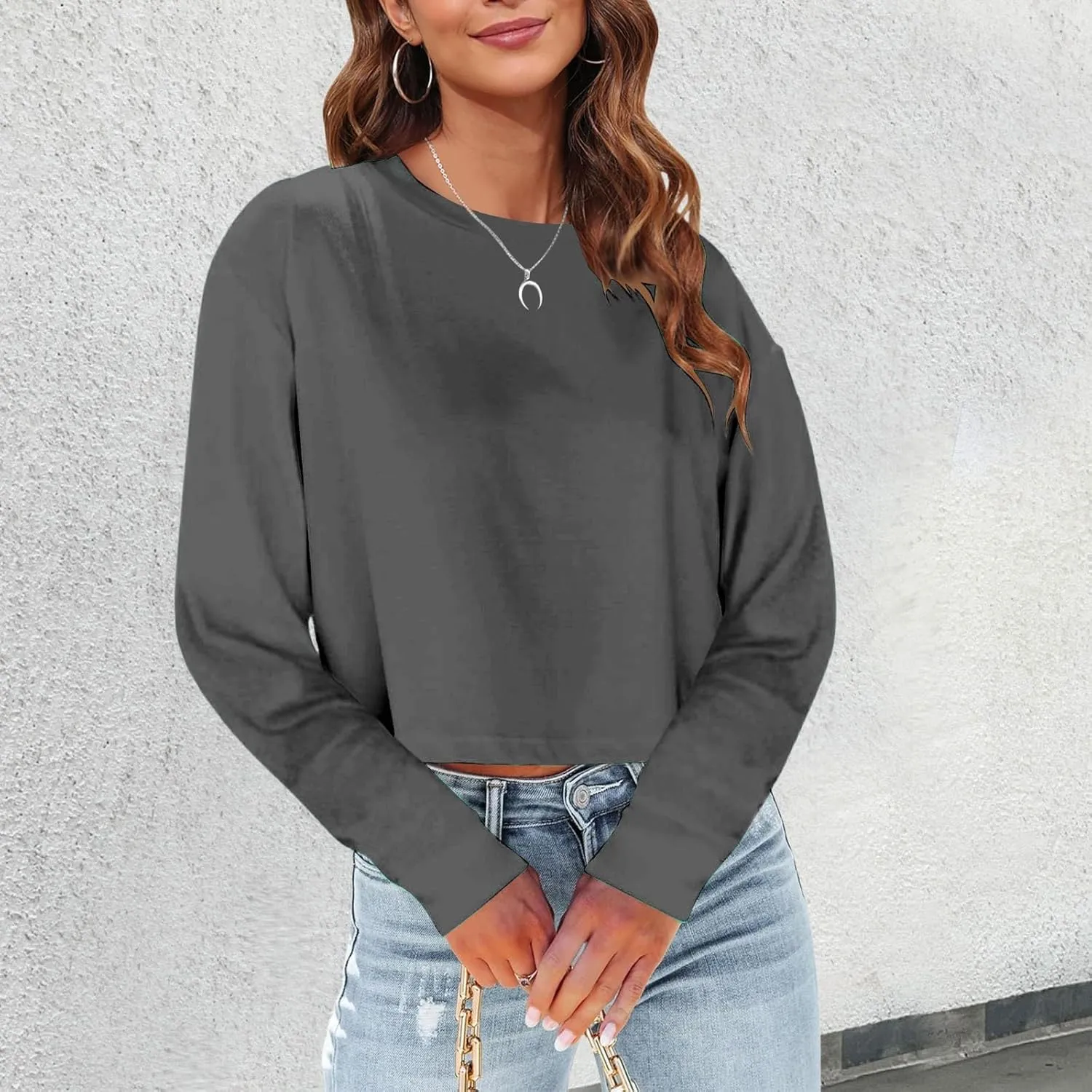 Womens Fashion Fall Long Sleeve Cropped T-Shirts Round Neck Drop Shoulder Crop Sweatshirts Solid Casual Crop Tops