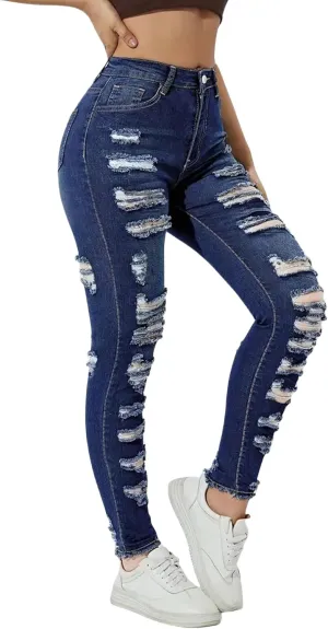 Women's Fashion High-Waisted Jeans High-Waisted Ripped Skinny Jeans - Stretch Denim Pants for Ladies