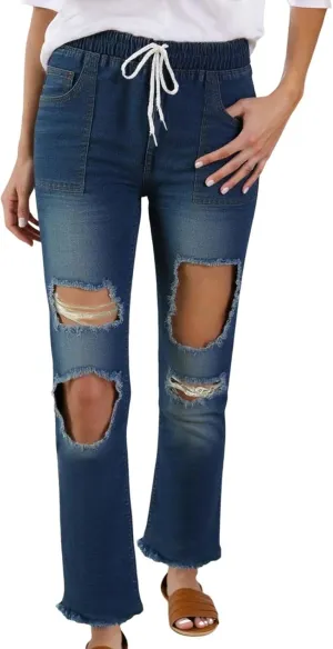 Women's Flared Distressed Jeans High Waisted Ripped Boyfriend Fashion Denim Pants Slim Fit Wide Leg Jeans for Women