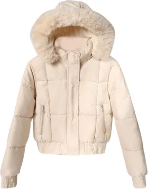 Womens Fleece Lined Puffer Jacket Cropped Down Jacket Fur Hood Winter Jacket Zip up Quilted Jacket Winter Padded Jacket