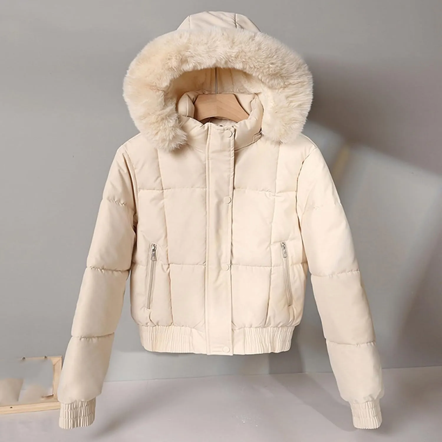 Womens Fleece Lined Puffer Jacket Cropped Down Jacket Fur Hood Winter Jacket Zip up Quilted Jacket Winter Padded Jacket