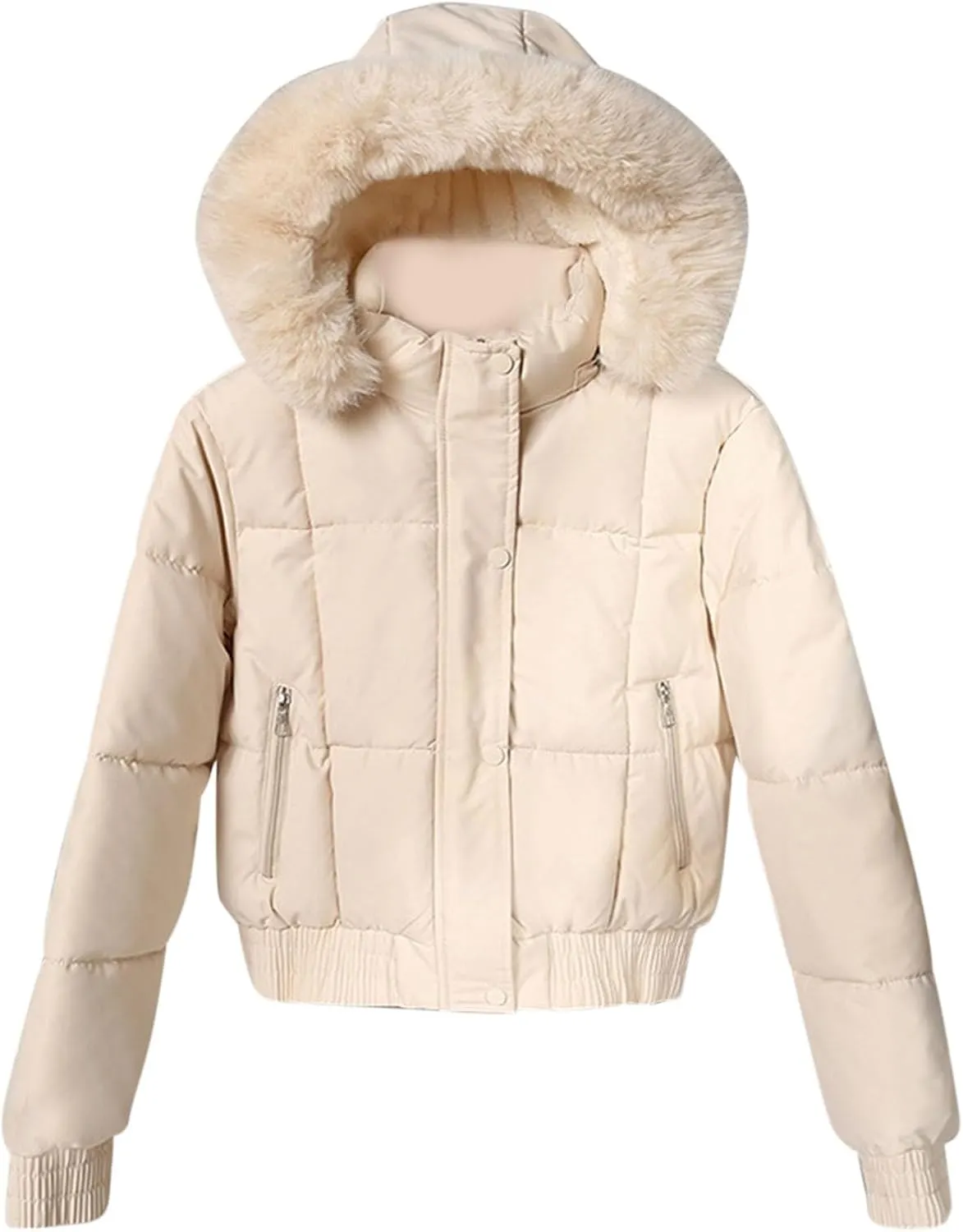 Womens Fleece Lined Puffer Jacket Cropped Down Jacket Fur Hood Winter Jacket Zip up Quilted Jacket Winter Padded Jacket