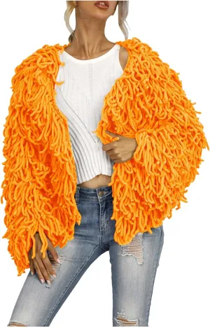 Womens Fringed Sweater Jacket Cropped Fringe Faux Suede Jackets Woven Hollow Solid Color Cardigan Fashion Casual Tops