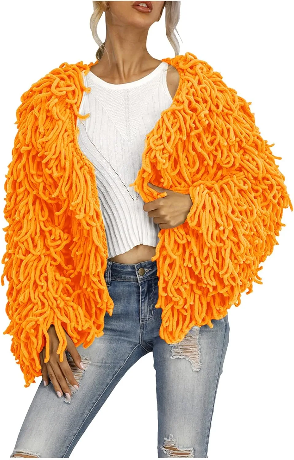 Womens Fringed Sweater Jacket Cropped Fringe Faux Suede Jackets Woven Hollow Solid Color Cardigan Fashion Casual Tops