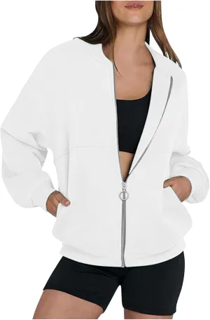 Womens Full Zip Up Sweatshirt Jackets Trendy 2024 Casual Long Sleeve Lightweight Sweatshirts Teen Girls Preppy Clothes
