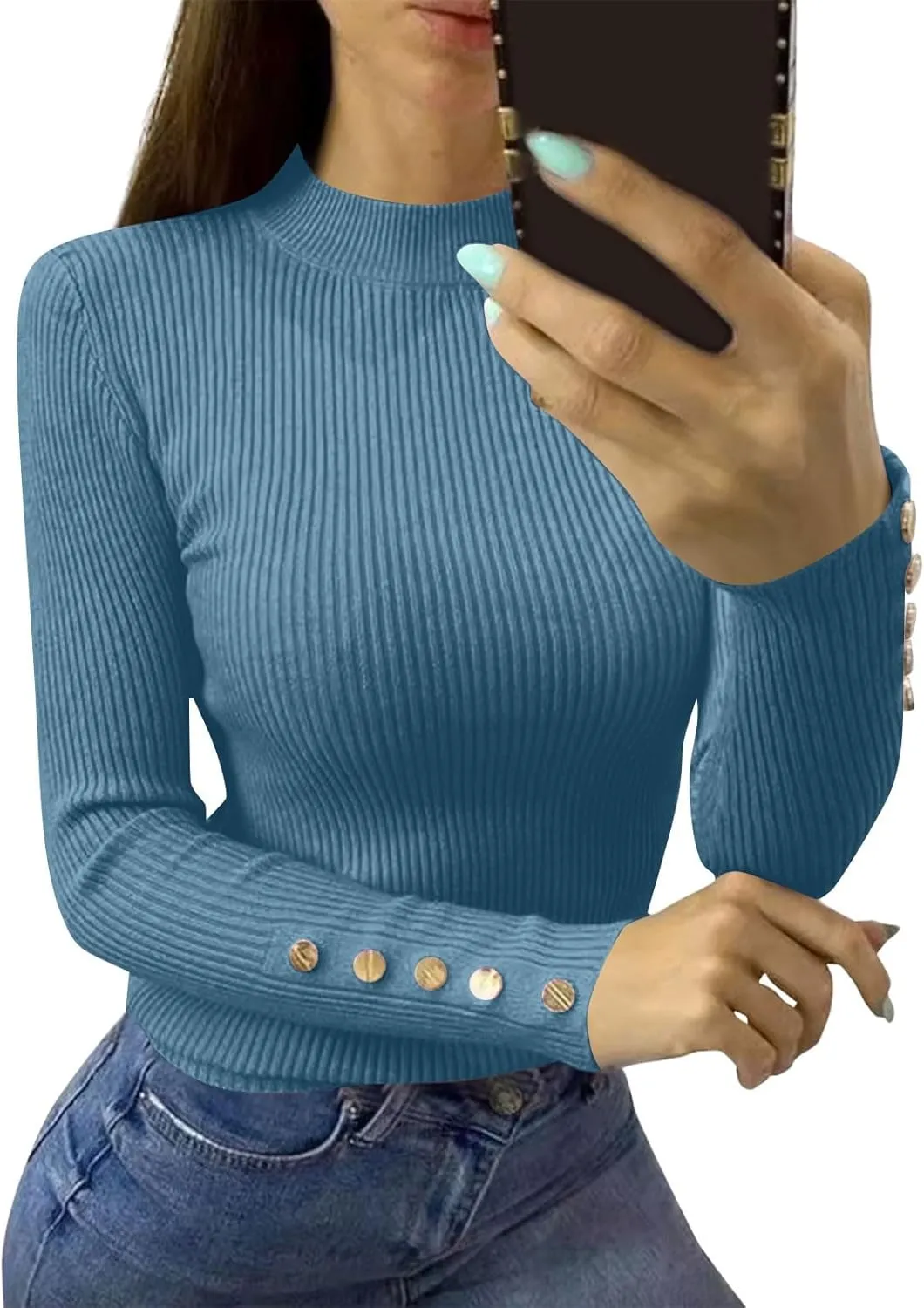 Womens Going Out Tops Long Sleeve Mock Neck Rib Knit Sweaters Winter Button Up Cute Tops Fall Elegant Y2K Clothes