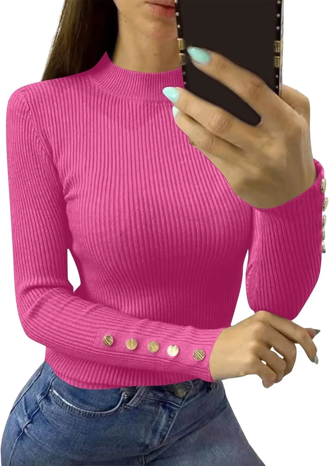 Womens Going Out Tops Long Sleeve Mock Neck Rib Knit Sweaters Winter Button Up Cute Tops Fall Elegant Y2K Clothes