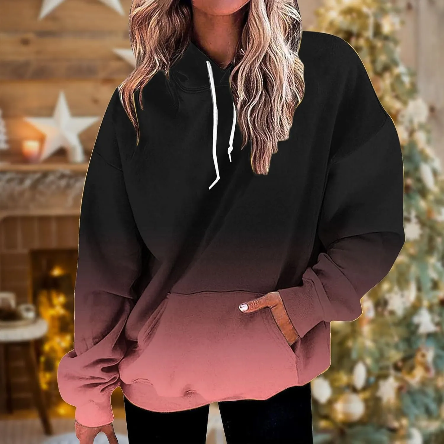 Women's Gradient Color Oversized Sweatshirts Pullover Tops Casual Loose Drawstring Long Sleeve Hoodies Shirts