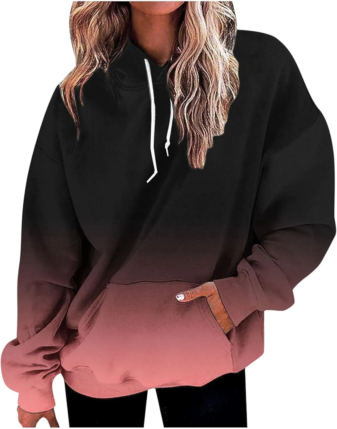 Women's Gradient Color Oversized Sweatshirts Pullover Tops Casual Loose Drawstring Long Sleeve Hoodies Shirts