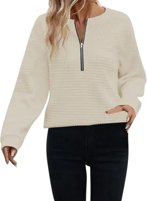 Womens Half Zip Oversized Sweatshirts Casual Pullover Top Crewneck Long Sleeve Texture Shirts Spring Fashion Clothes