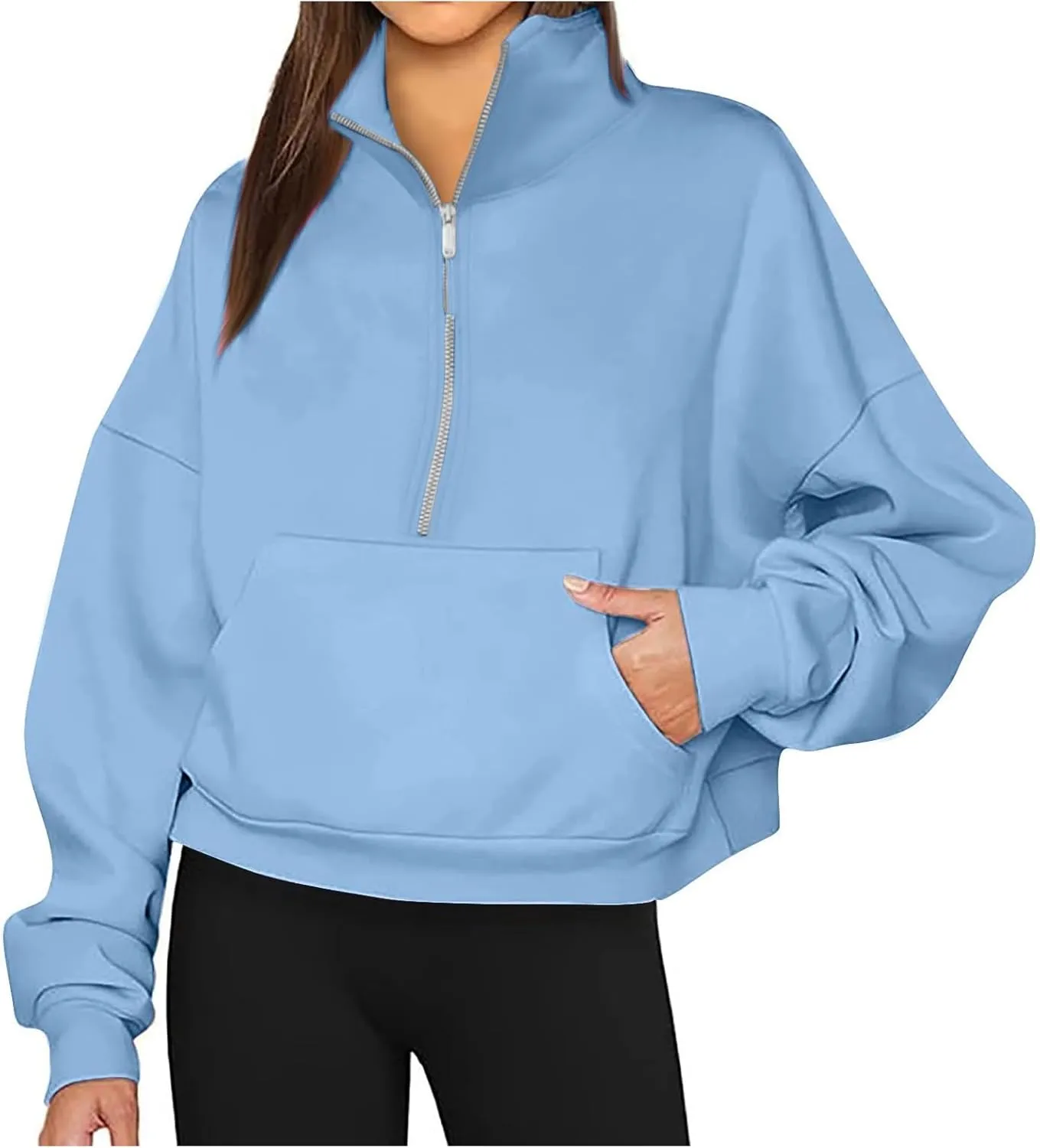 Women's Half Zip Oversized Sweatshirts Long Sleeve Trendy Cropped Pullover Workout Warm Tops with Pockets