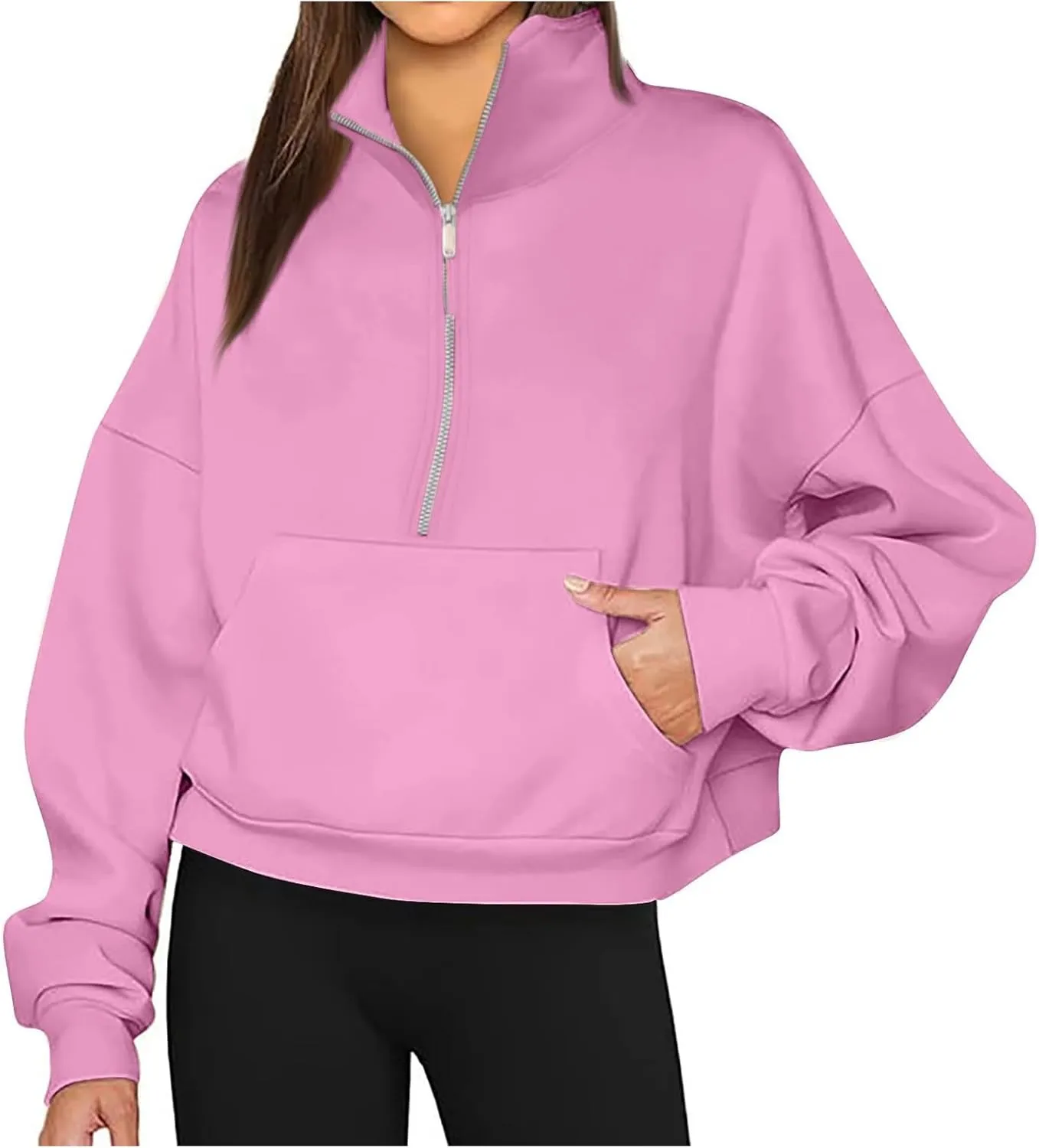 Women's Half Zip Oversized Sweatshirts Long Sleeve Trendy Cropped Pullover Workout Warm Tops with Pockets