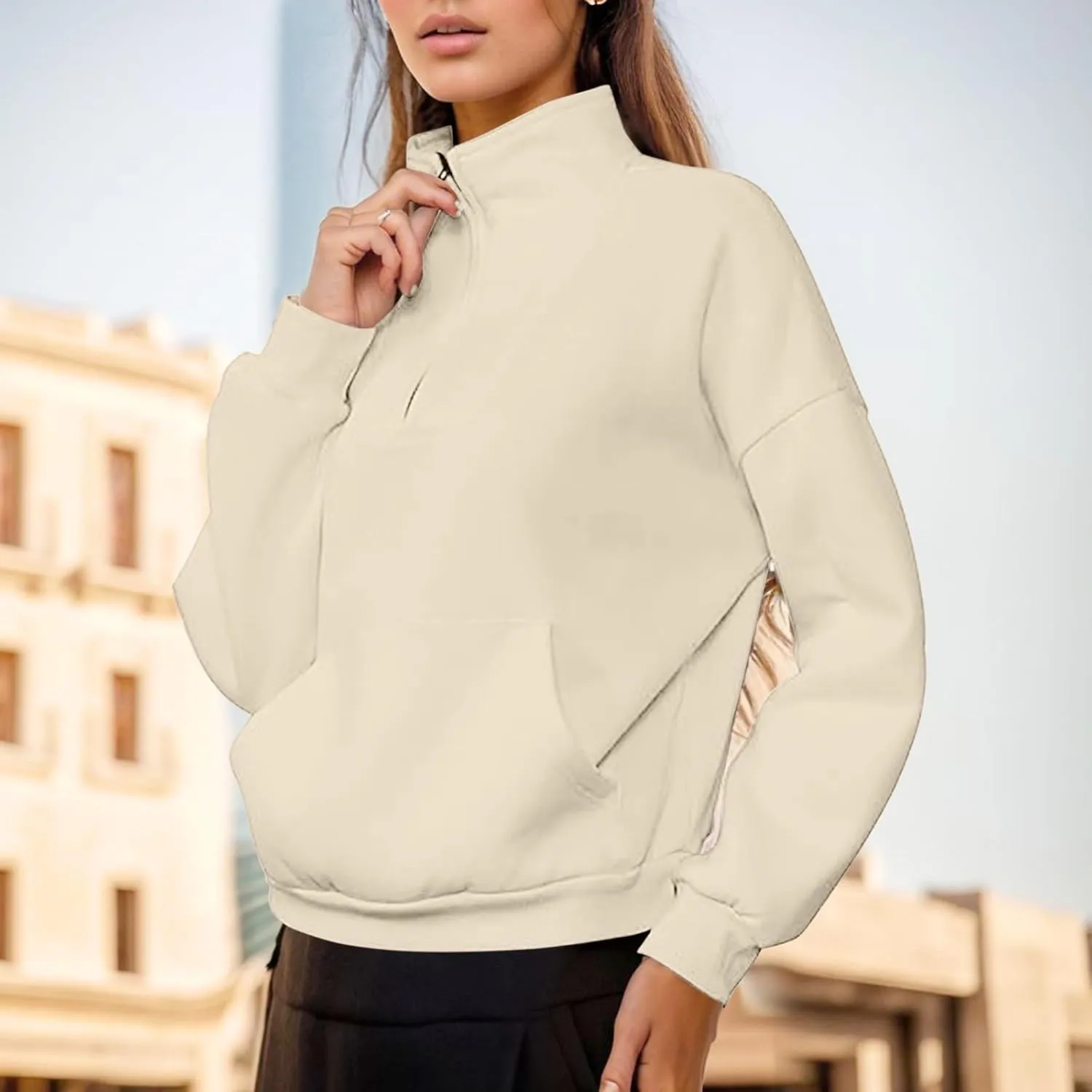 Women's Half Zip Sweatshirts Crew Neck Cropped Sweater Quarter Zipper Long Sleeve Hoodied Pullover Y2K Clothes