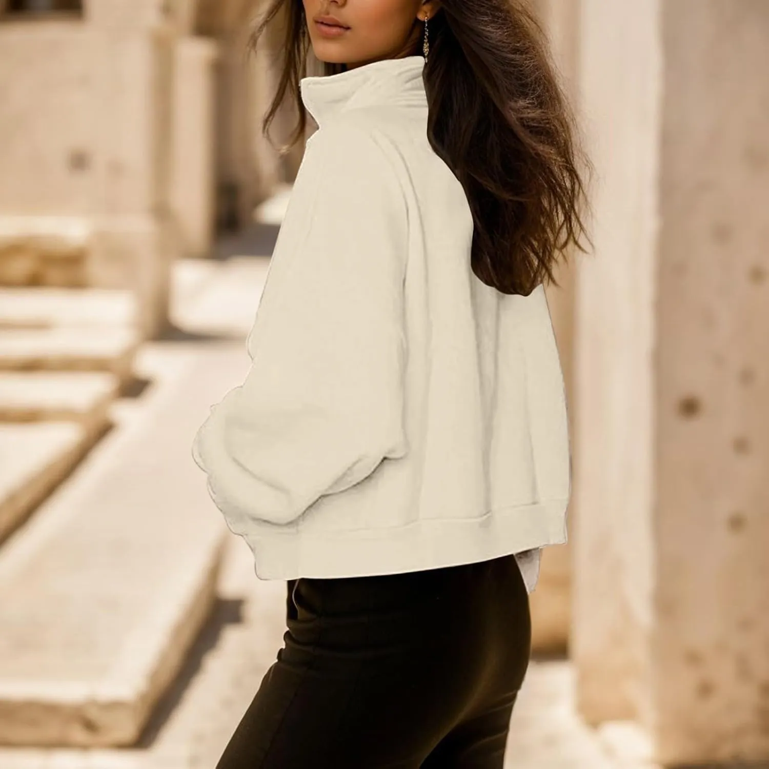 Women's Half Zip Sweatshirts Crew Neck Cropped Sweater Quarter Zipper Long Sleeve Hoodied Pullover Y2K Clothes