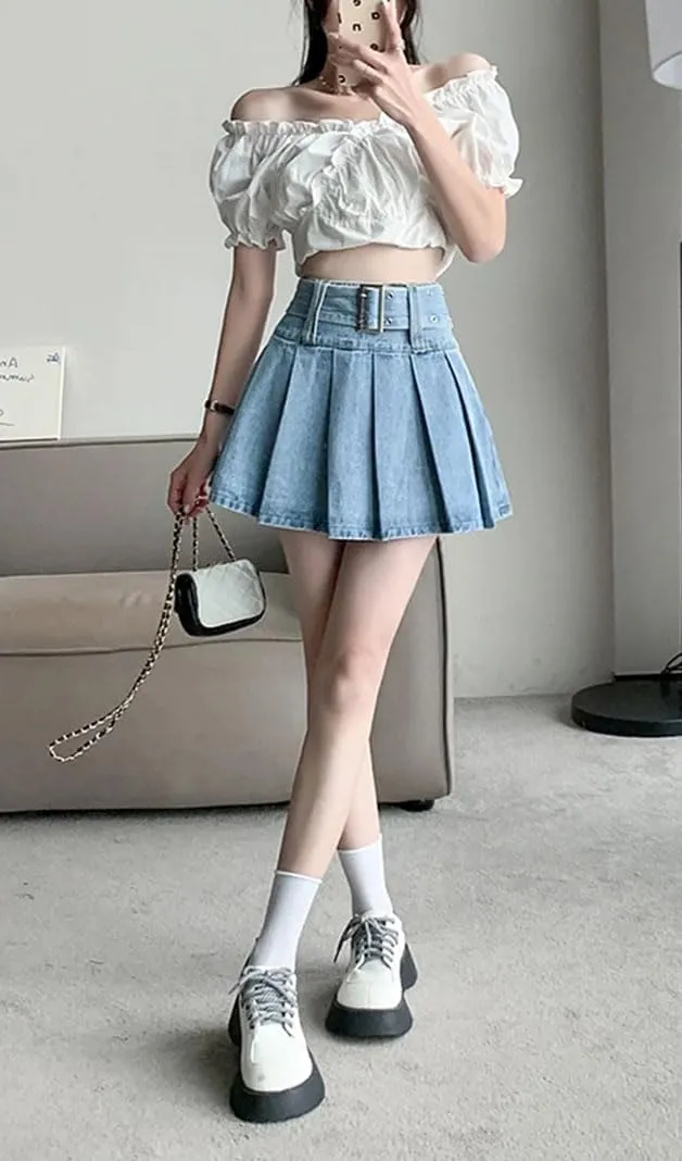 Women's High Waist A Line Denim Mini Skirts Casual Slim Ruffle Pleated Denim Skirts
