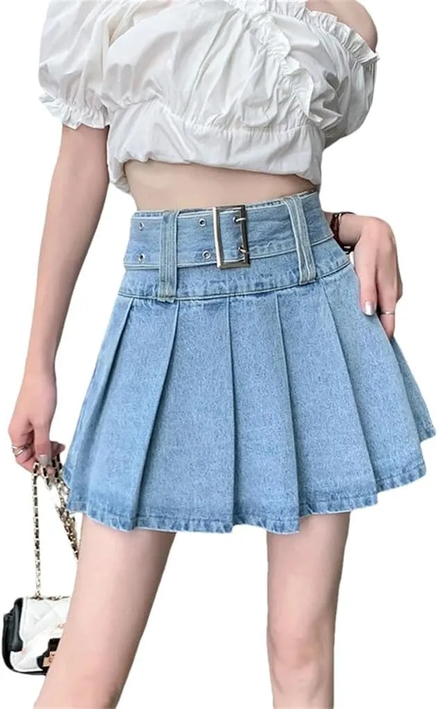 Women's High Waist A Line Denim Mini Skirts Casual Slim Ruffle Pleated Denim Skirts