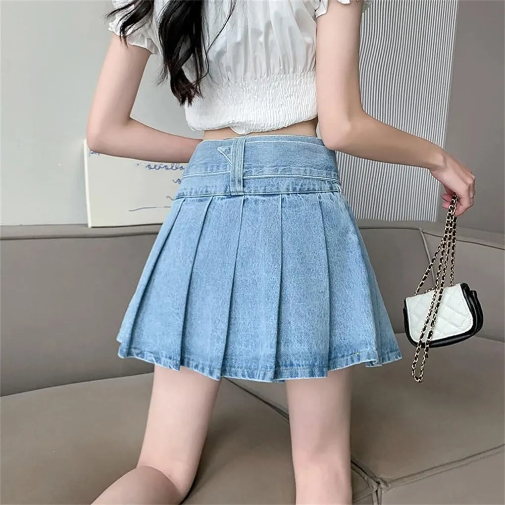 Women's High Waist A Line Denim Mini Skirts Casual Slim Ruffle Pleated Denim Skirts