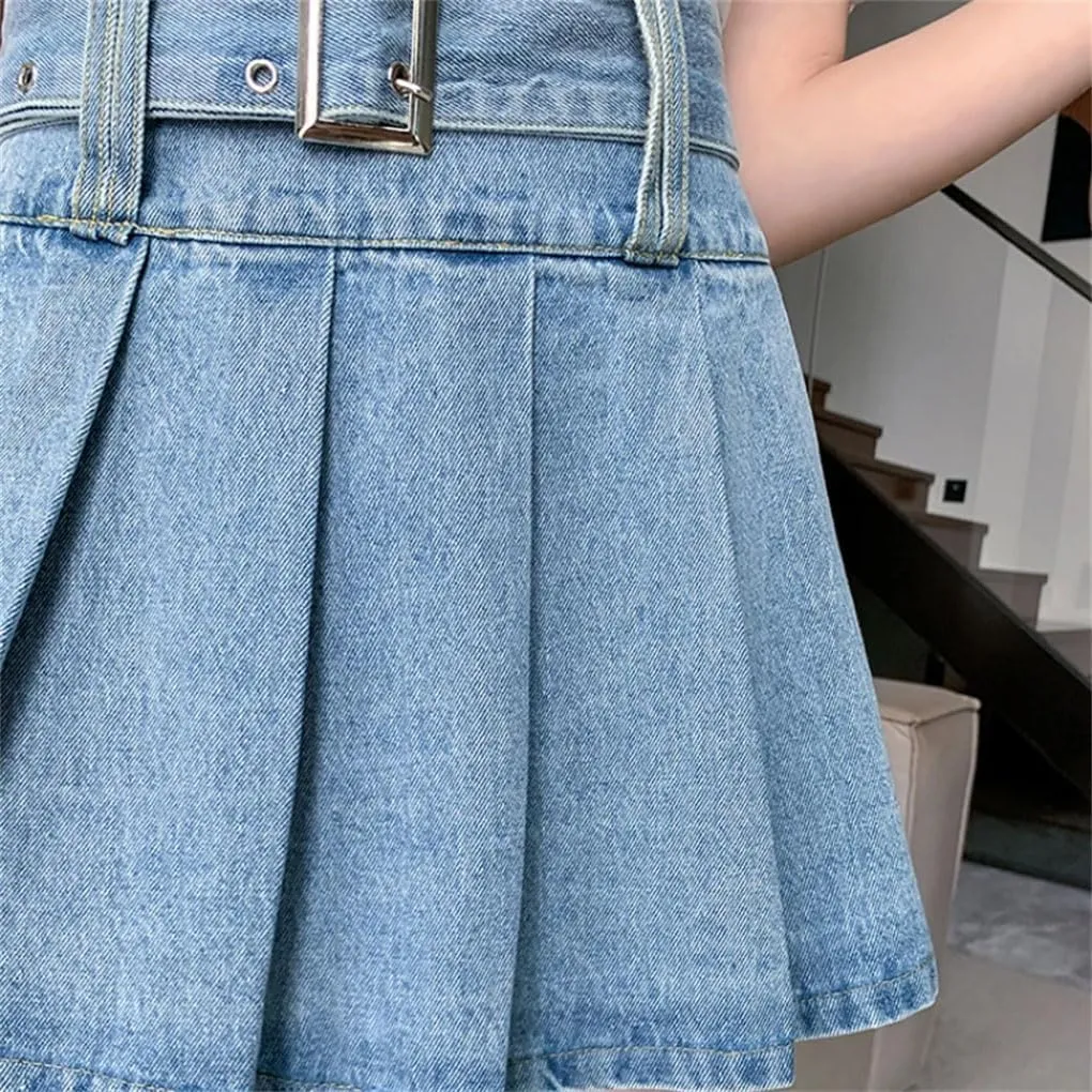 Women's High Waist A Line Denim Mini Skirts Casual Slim Ruffle Pleated Denim Skirts