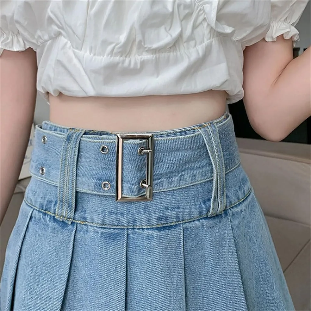 Women's High Waist A Line Denim Mini Skirts Casual Slim Ruffle Pleated Denim Skirts