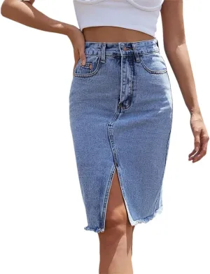 Women's High Waist Denim Mini Skirts Slim Zipper Fly Front Slit Denim Skirts Casual Streetwear
