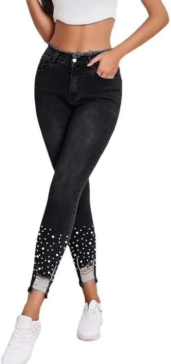 Womens High Waist Jeans Pearl Ripped Tassel Denim Pants Stretch Skinny Fit Trousers Street Fashion Jeans for Women