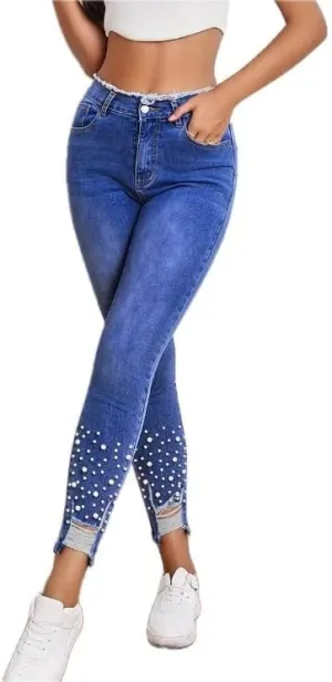 Womens High Waist Jeans Pearl Ripped Tassel Denim Pants Stretch Skinny Fit Trousers Street Fashion Jeans for Women