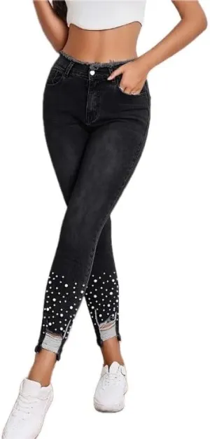 Womens High Waist Jeans Pearl Ripped Tassel Denim Pants Stretch Skinny Fit Trousers Street Fashion Jeans for Women
