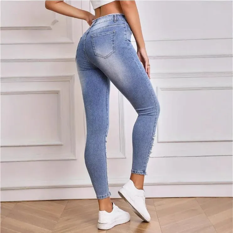 Womens High Waist Jeans Pearl Ripped Tassel Denim Pants Stretch Skinny Fit Trousers Street Fashion Jeans for Women