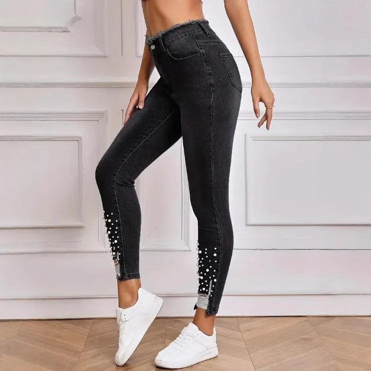 Womens High Waist Jeans Pearl Ripped Tassel Denim Pants Stretch Skinny Fit Trousers Street Fashion Jeans for Women