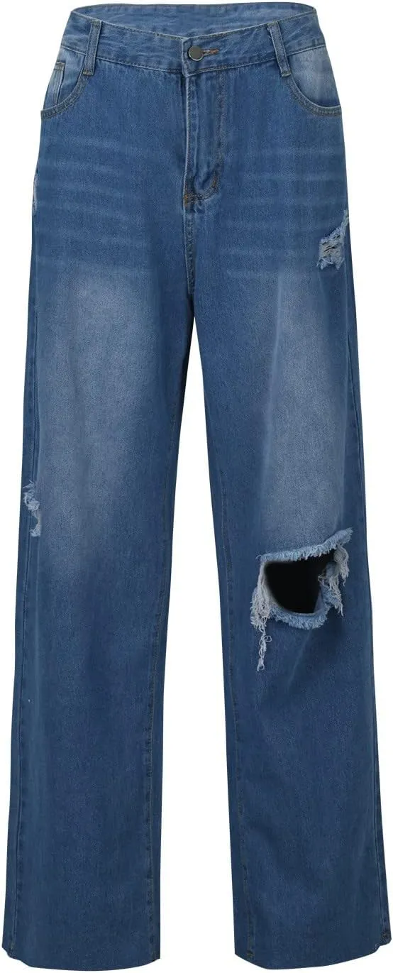 Women's High Waisted Jeans Boyfriend Straight Leg Casual Denim Pants Jeans Stretchy Leg Baggy Trendy Trousers