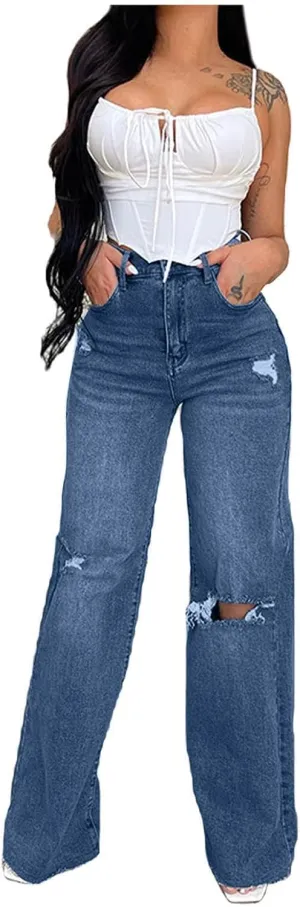 Women's High Waisted Jeans Boyfriend Straight Leg Casual Denim Pants Jeans Stretchy Leg Baggy Trendy Trousers