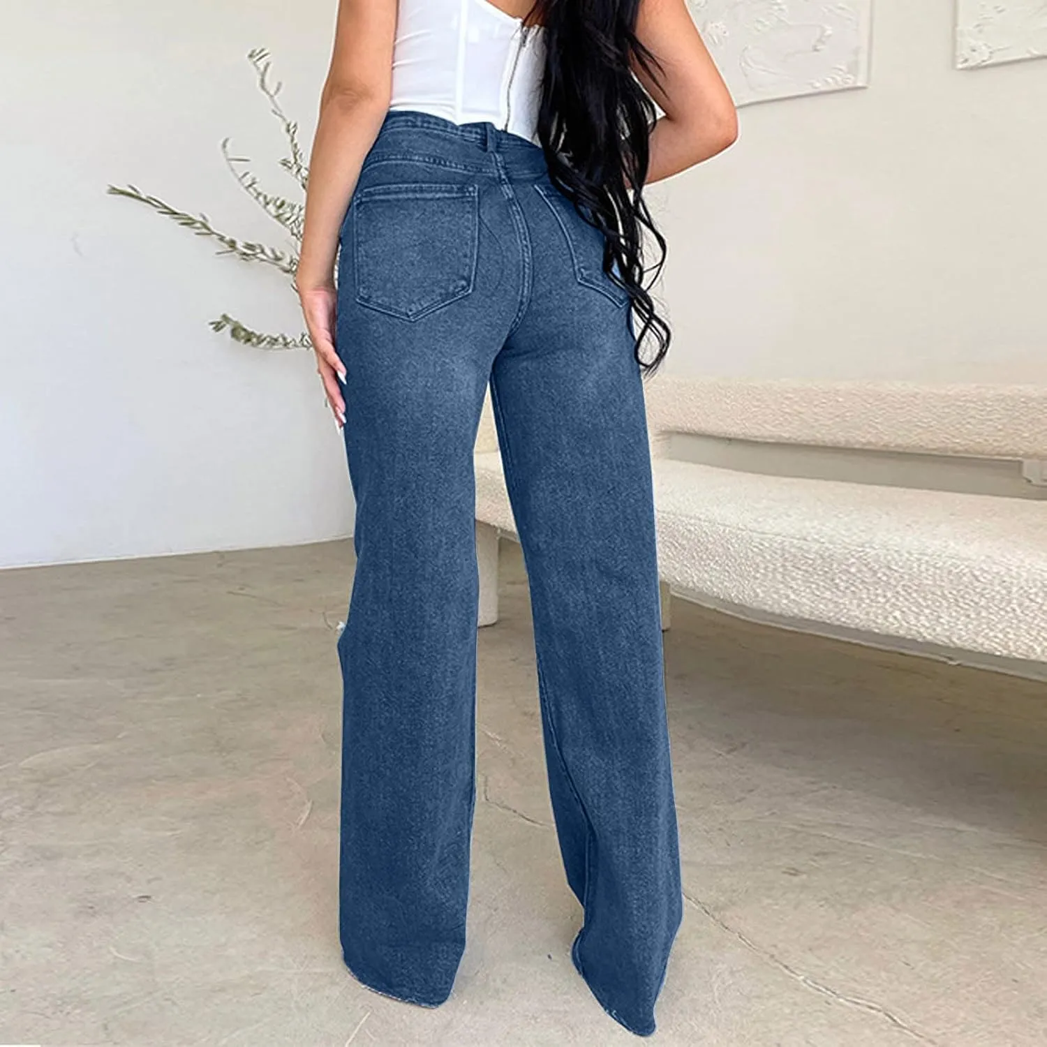 Women's High Waisted Jeans Boyfriend Straight Leg Casual Denim Pants Jeans Stretchy Leg Baggy Trendy Trousers