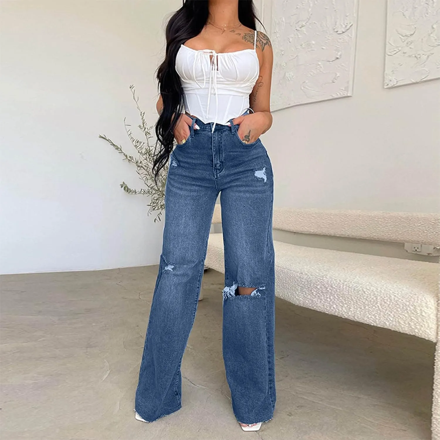 Women's High Waisted Jeans Boyfriend Straight Leg Casual Denim Pants Jeans Stretchy Leg Baggy Trendy Trousers