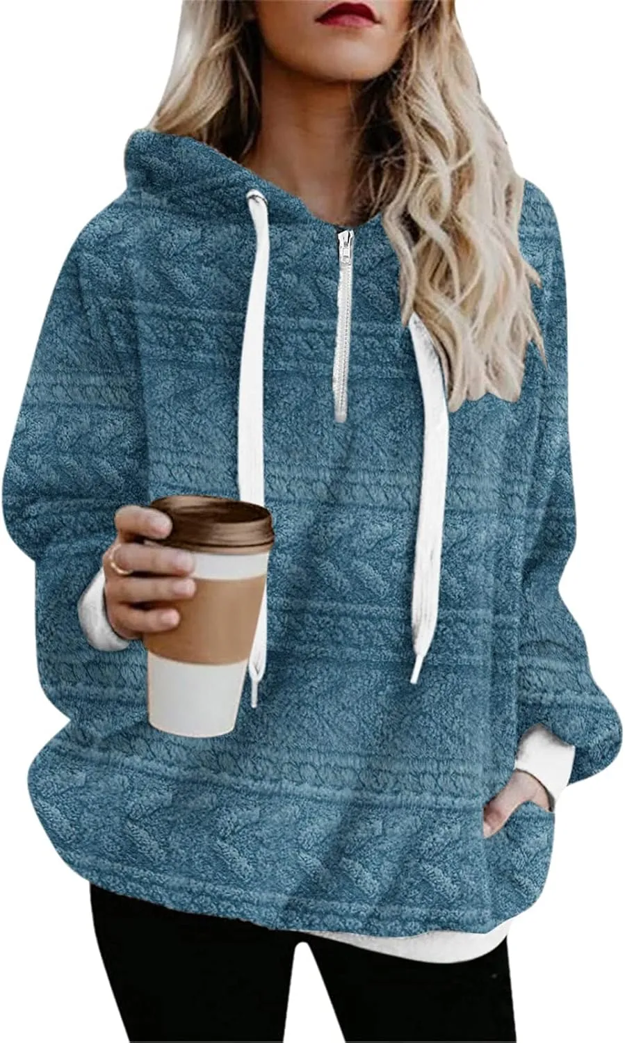 Womens Hoodies Fuzzy Hooded Sweatshirt Zipper Fleece Hoodie Pullover Sherpa Sweater Fluffy Coat Long Sleeve Crop Tops