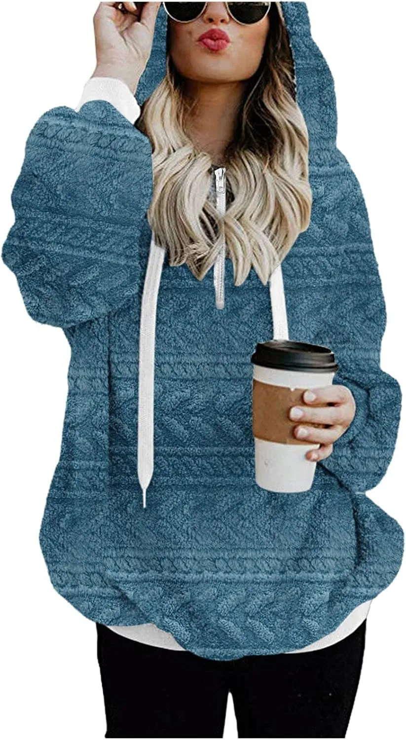 Womens Hoodies Fuzzy Hooded Sweatshirt Zipper Fleece Hoodie Pullover Sherpa Sweater Fluffy Coat Long Sleeve Crop Tops