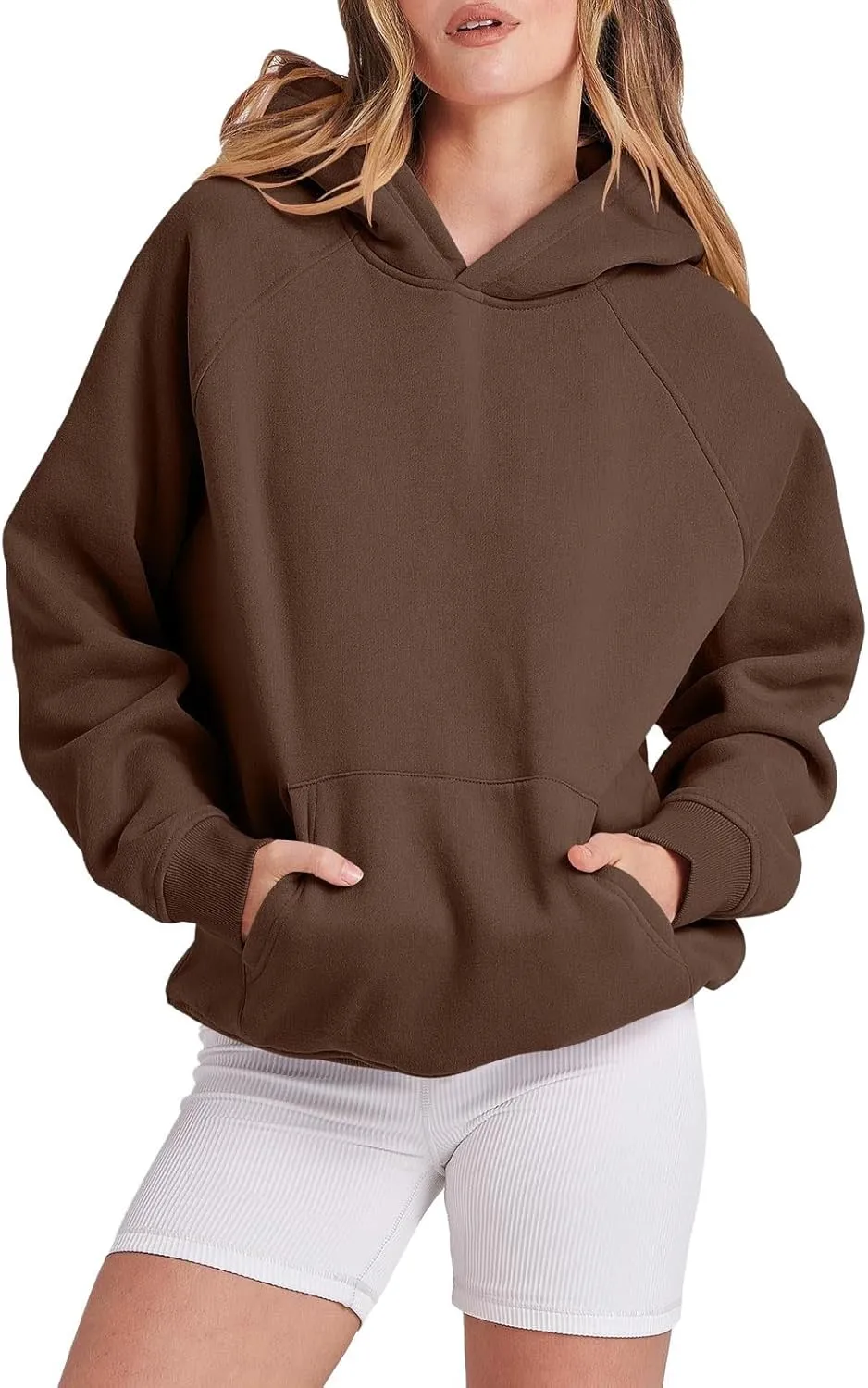 Womens Hoodies Sweatshirts Cropped Fall Fashion 2024 Outfits Trendy Solid Color Fleece Pullover Long Sleeve Top