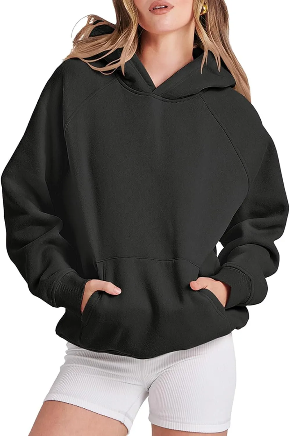 Womens Hoodies Sweatshirts Cropped Fall Fashion 2024 Outfits Trendy Solid Color Fleece Pullover Long Sleeve Top
