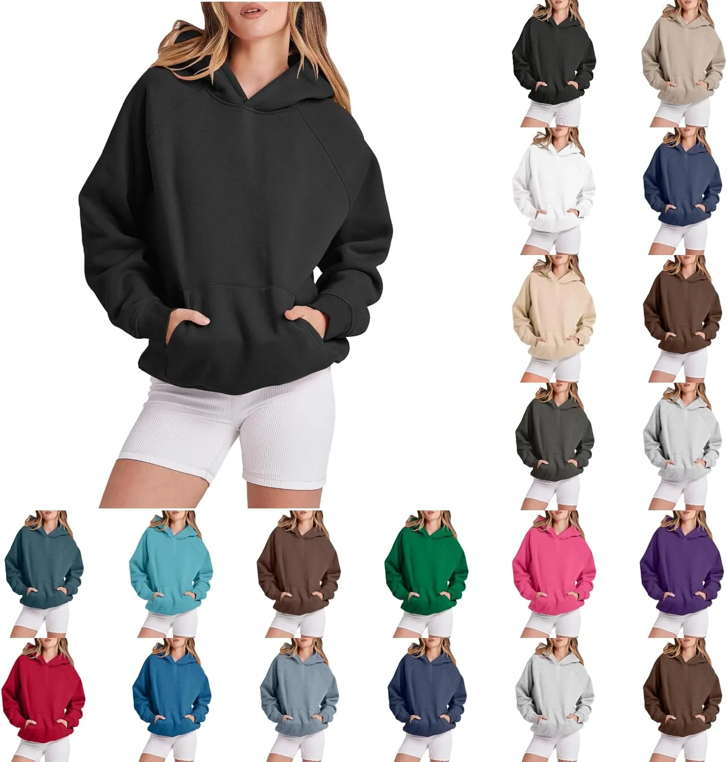 Womens Hoodies Sweatshirts Cropped Fall Fashion 2024 Outfits Trendy Solid Color Fleece Pullover Long Sleeve Top
