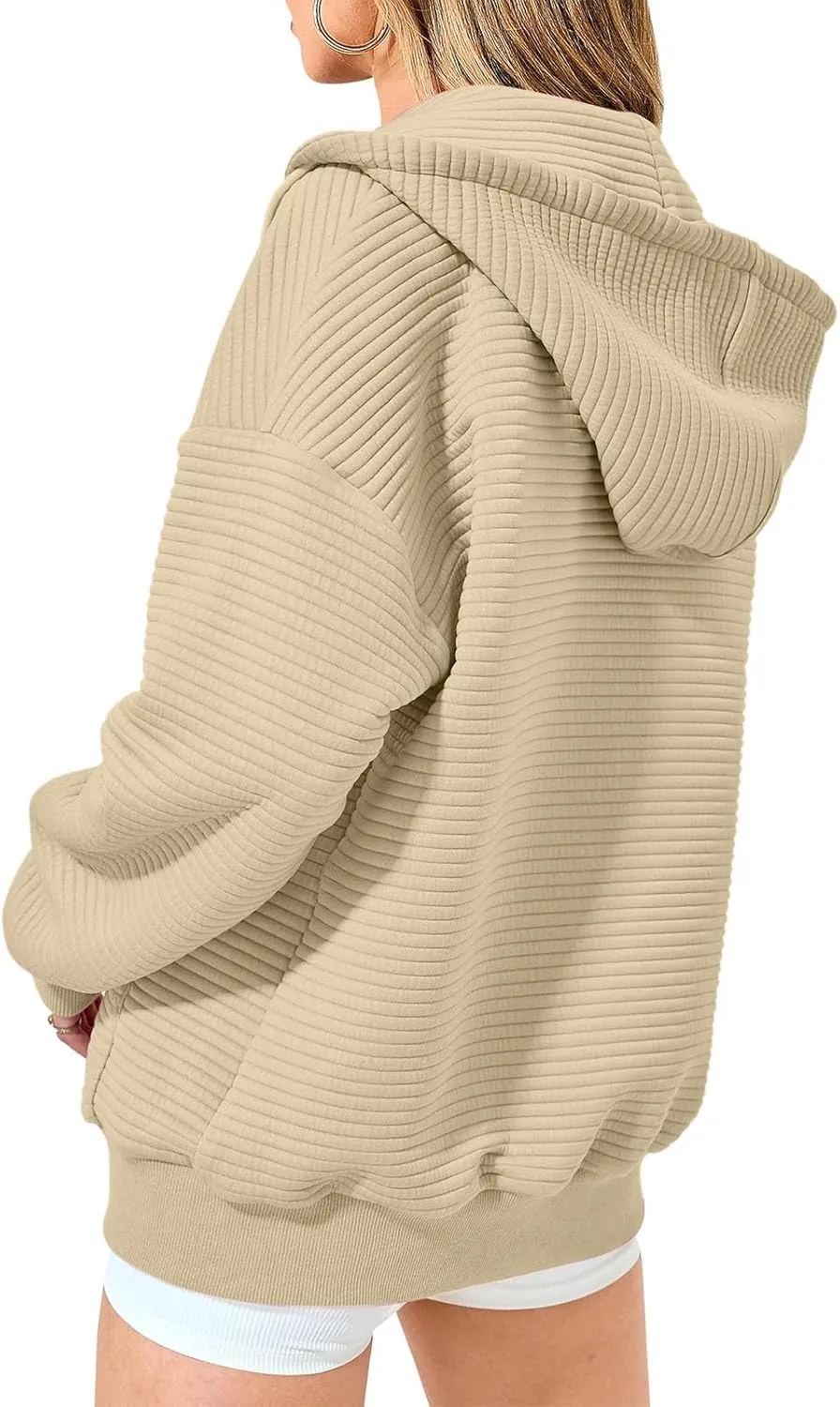 Womens Hoodies Zip Up Ribbed Knitted Fleece Sweatshirt Long Sleeve Oversized Sweaters with Pockets Fall Outfits 2024